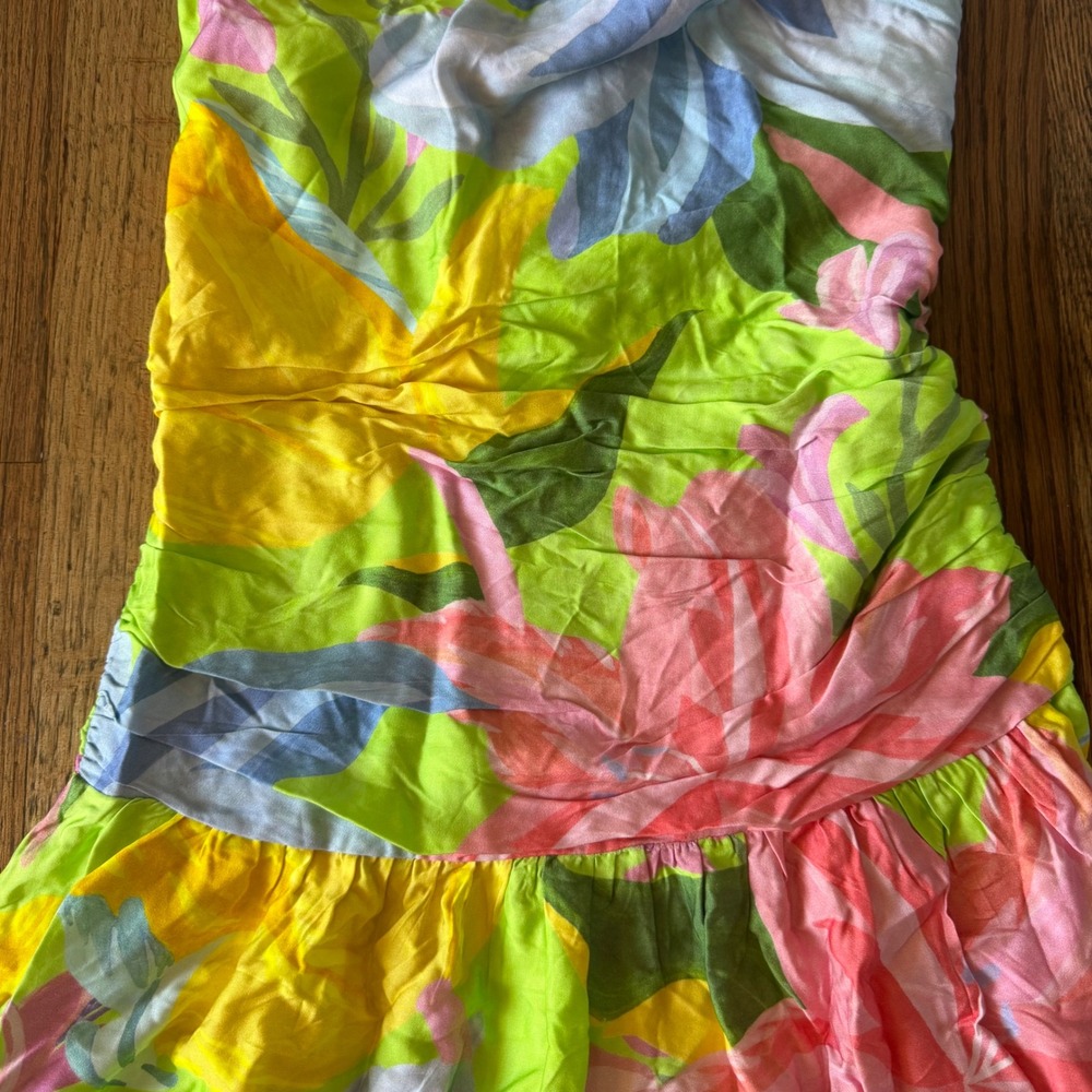 Farm Rio Love of Flower Short Dress Neon Floral Draped Cowl Neck Open Back Sz S - Picture 10 of 16
